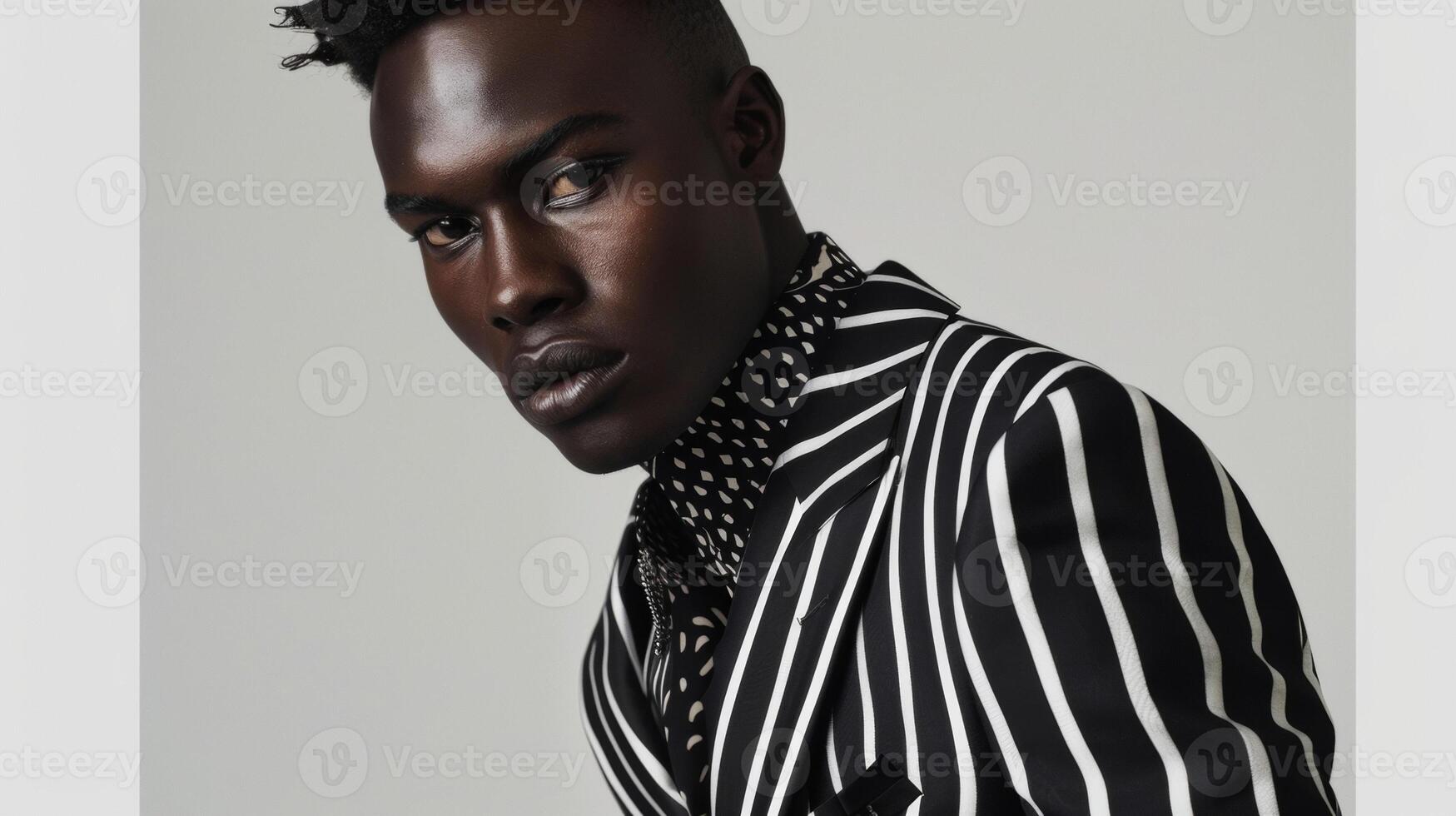 A suave black man exudes confidence as he poses in a sleek black suit with graphic white stripes. The fusion of monochrome fashion and carnivalinspired patterns creates a striking photo