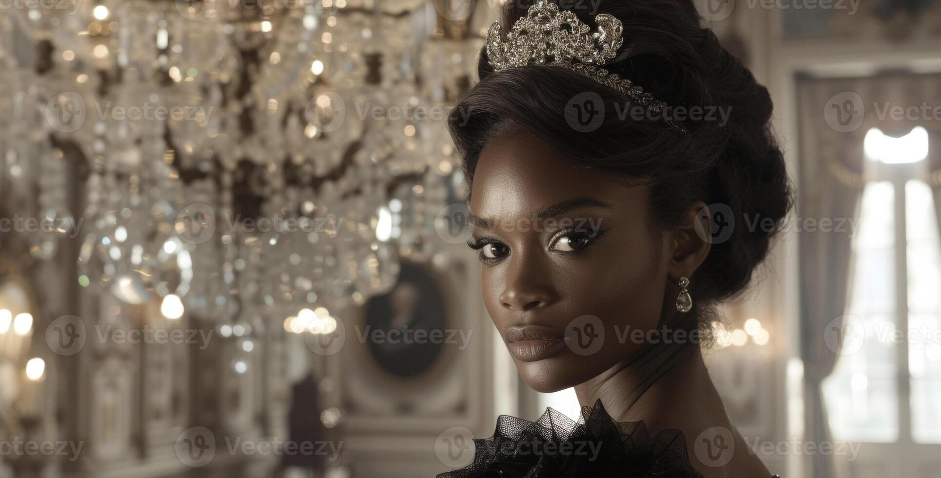 Against a backdrop of ornate wallpaper and crystal chandeliers a regal black woman stands in a grand ballroom her long dark hair swept up in a classic updo. Despite her poised appearance photo
