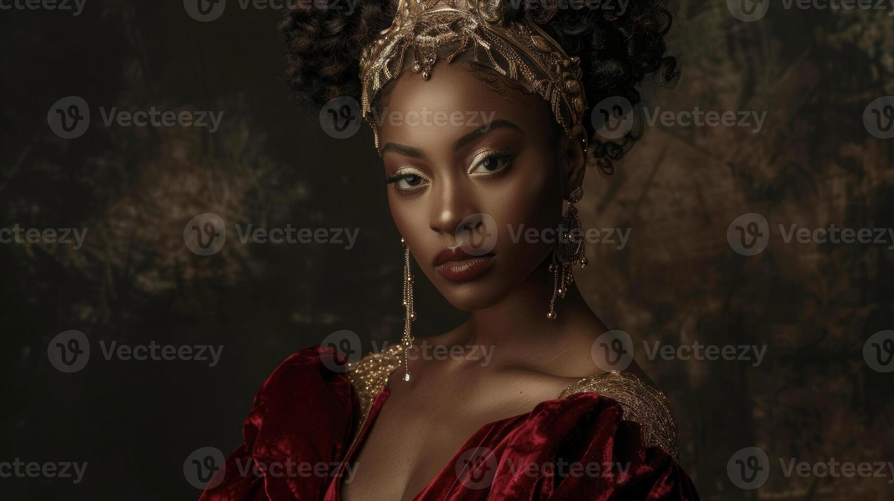 Bold and fiercely independent a black woman is captured in this Renaissance Noir portrait wearing a deep red velvet dress and a striking gold headpiece. The elegant patterns and sumptuous photo