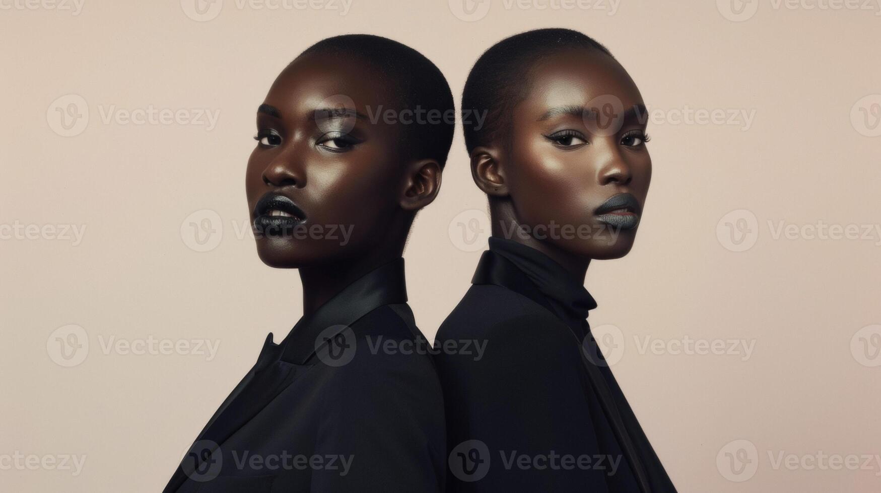 Two black models stand back to back each clad in sleek and tailored suits. With sharp lines and neutral colors their outfits challenge the traditional notion of mens and womens fashion photo