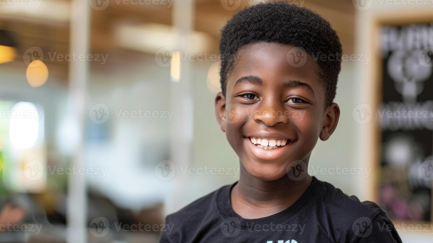 A black teenage boy smiles confidently wearing a tshirt with the words Future CEO written across it. With a bright mind and endless potential he defies stereotypes and represents the photo