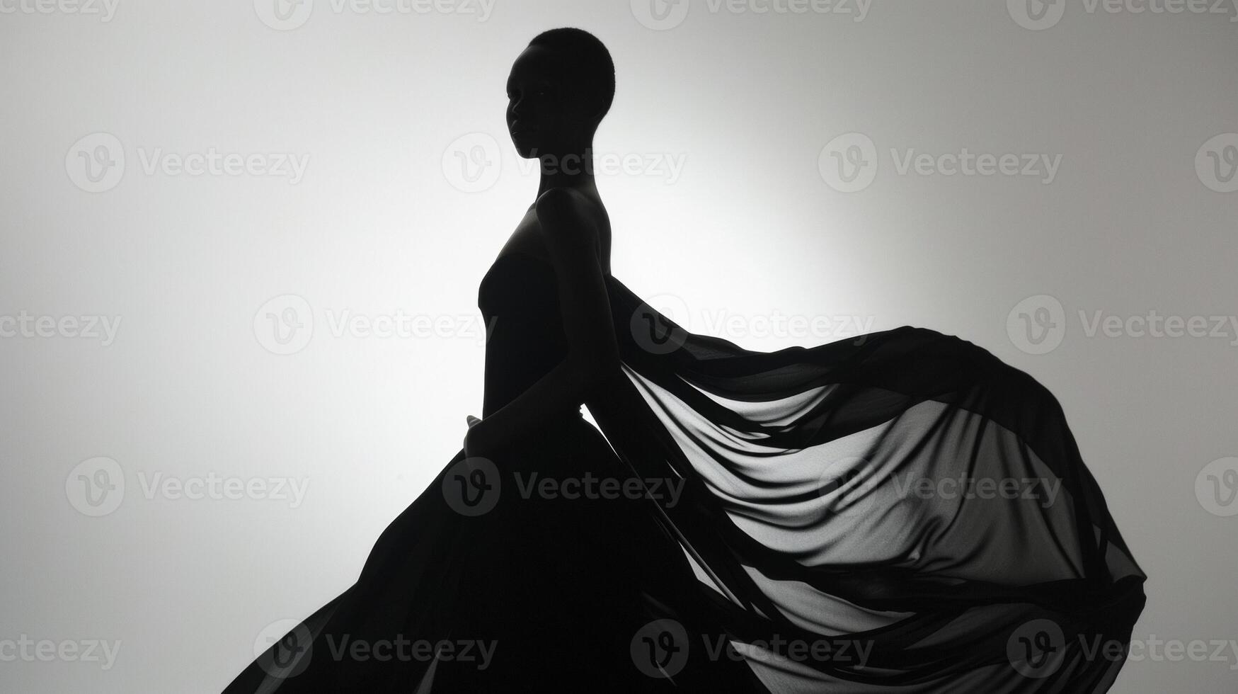 With a subtle curve of her hips and a tilt of her head a black model stands in a silhouette. The flowing fabric of her gown creates an alluring contrast against her smooth dark skin photo
