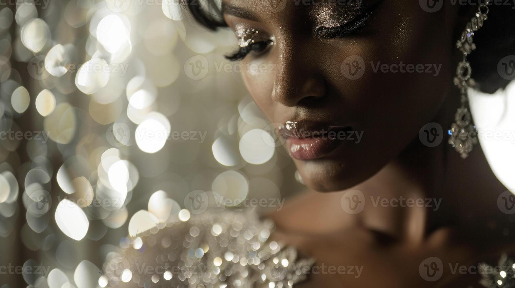 A regal black woman in a flowing gown captured in a closeup shot that focuses on the sparkling embellishments and intricate d of her ensemble. From the delicate lace to the delicate photo