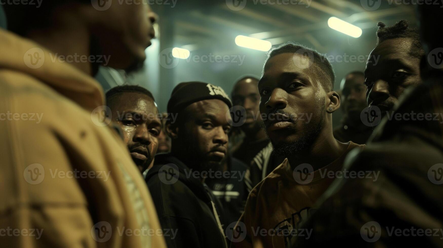 Lit only by dim overhead lights a group of black men huddle together in a factory setting. Their rugged workwearinspired streetwear outfits blend seamlessly with the industrial blue photo