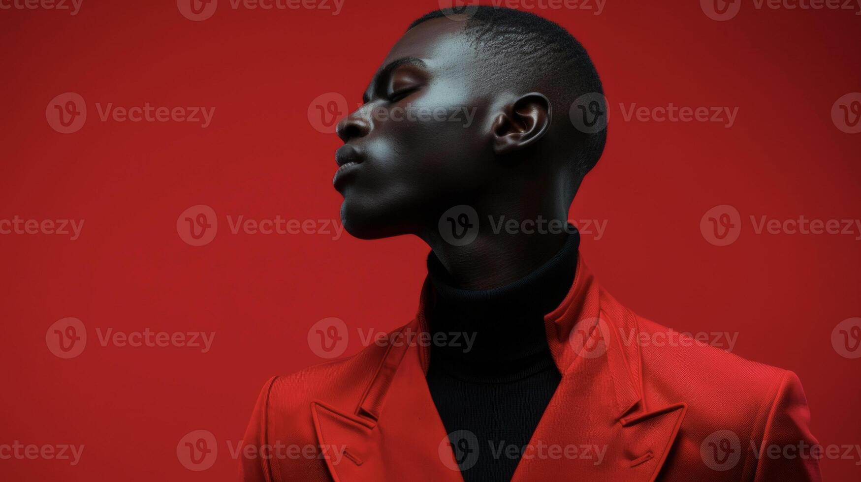 In a bold nod to the iconic color of love a black man poses in a sharp suit of fifty shades of red. The varying shades from crimson to maroon create a striking contrast against his photo