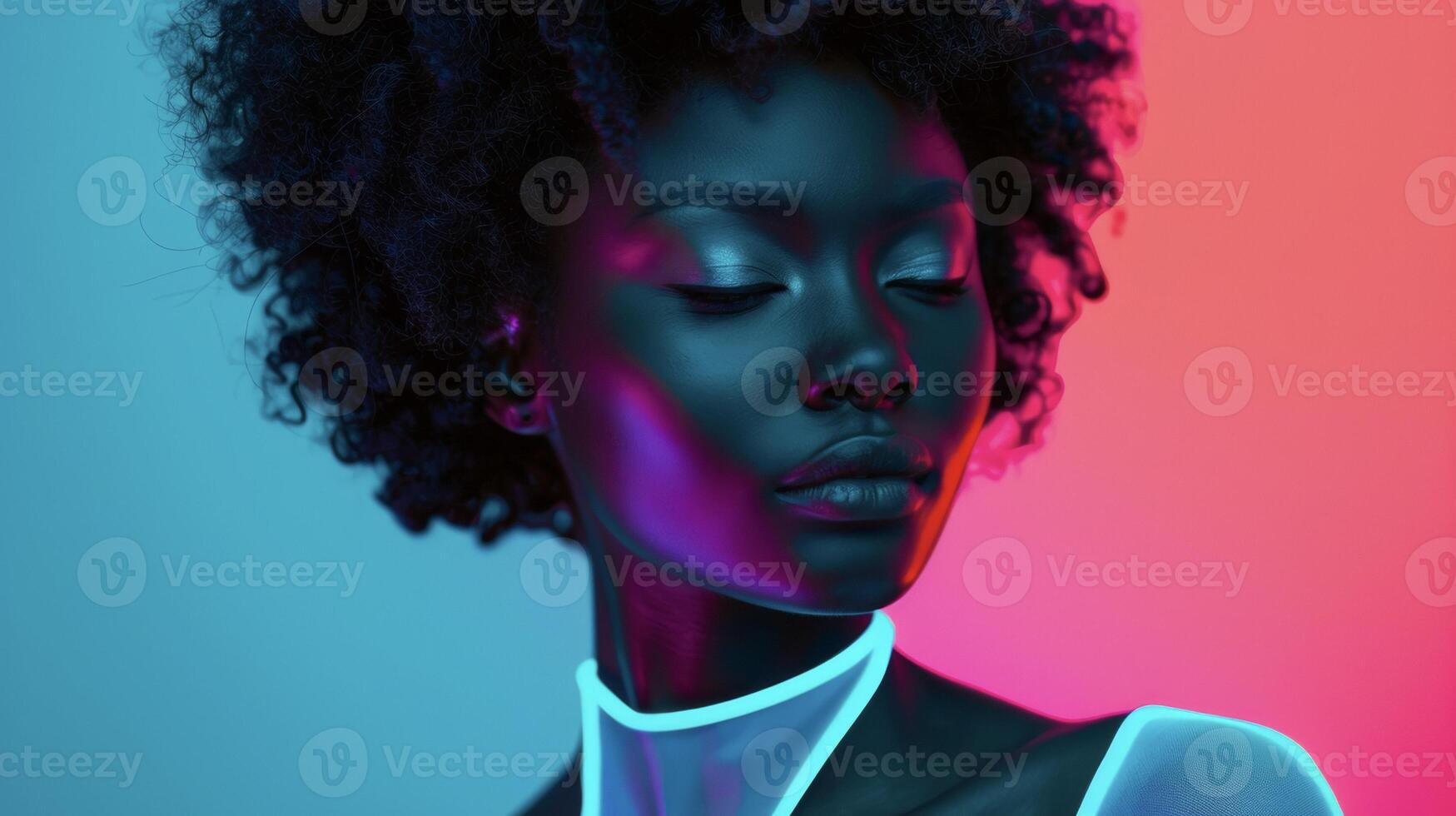 In this avantgarde fashion image a black woman captivates in a glowing bodysuit that highlights her natural curves. The bioluminescent material illuminates her from within a symbol photo