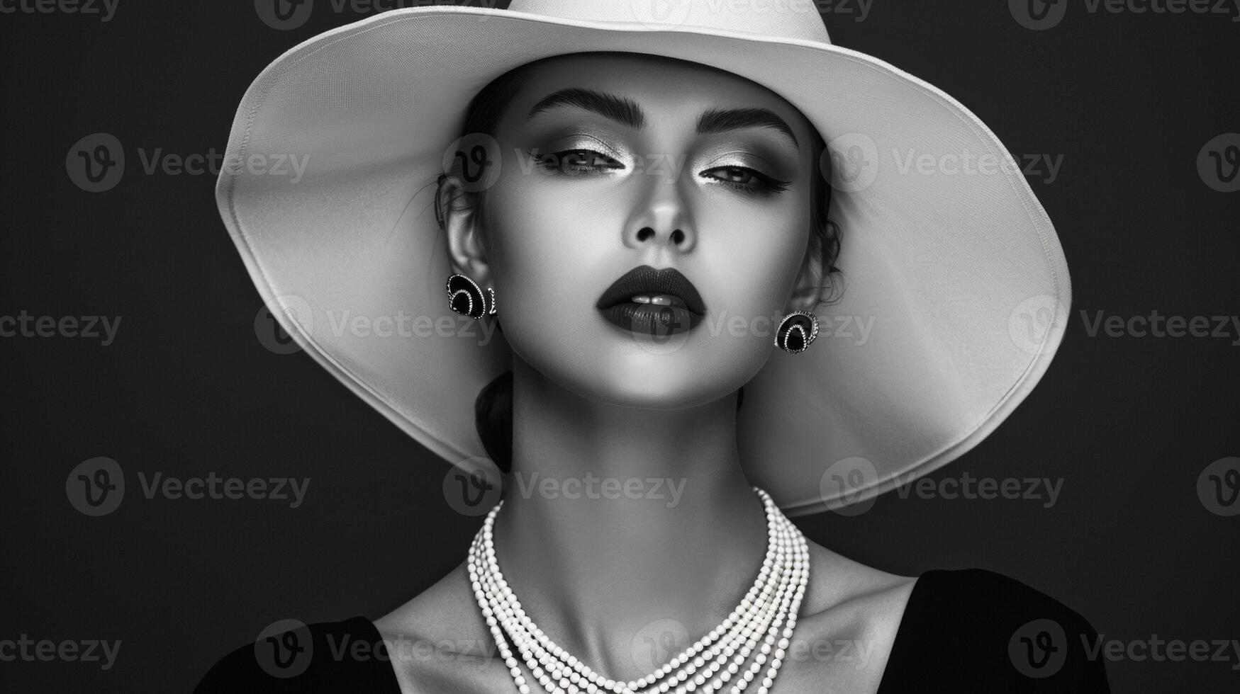 A breathtaking black and white portrait features a woman clad in all black her outfit punctuated by a bold white hat and statement necklaces. The monochrome palette brings depth and photo