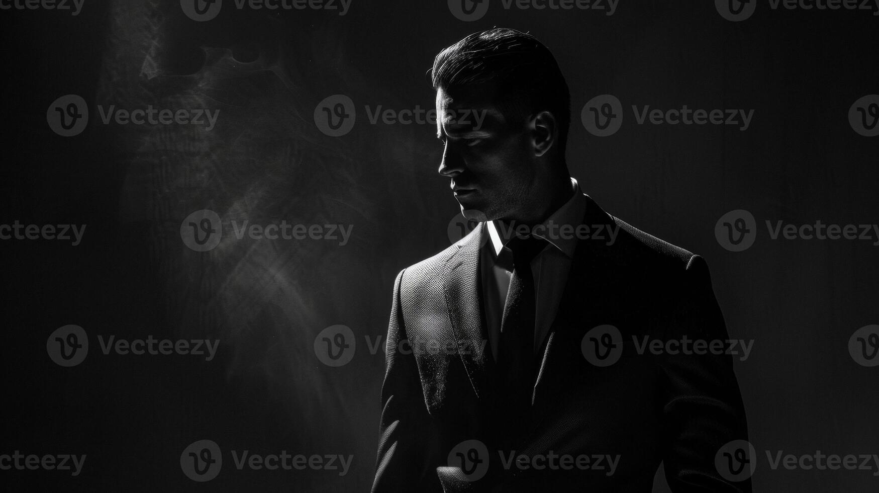 In this captivating portrait a mysterious man stands in the shadows his features only partially revealed by the dim light. His stylish suit and carefully styled hair exude a sense photo
