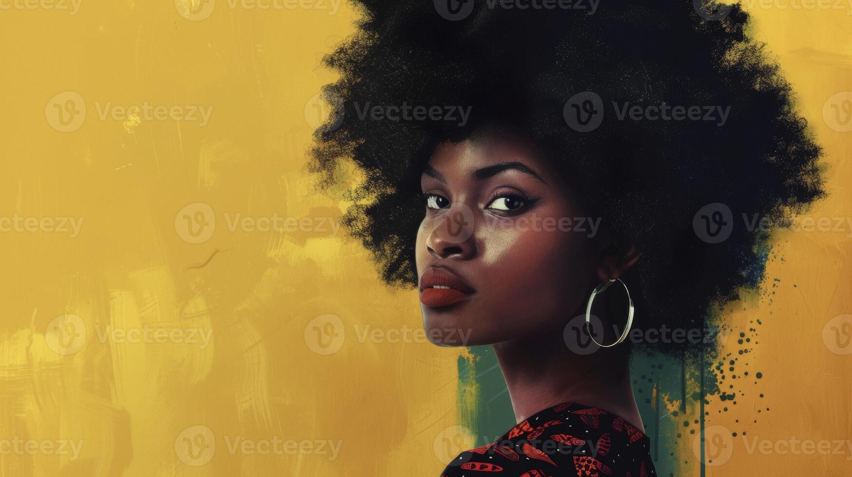 With a determined expression a black woman confidently rocks a bold textured afro hairstyle. As she embraces her natural beauty and individuality the varied textures and patterns of photo