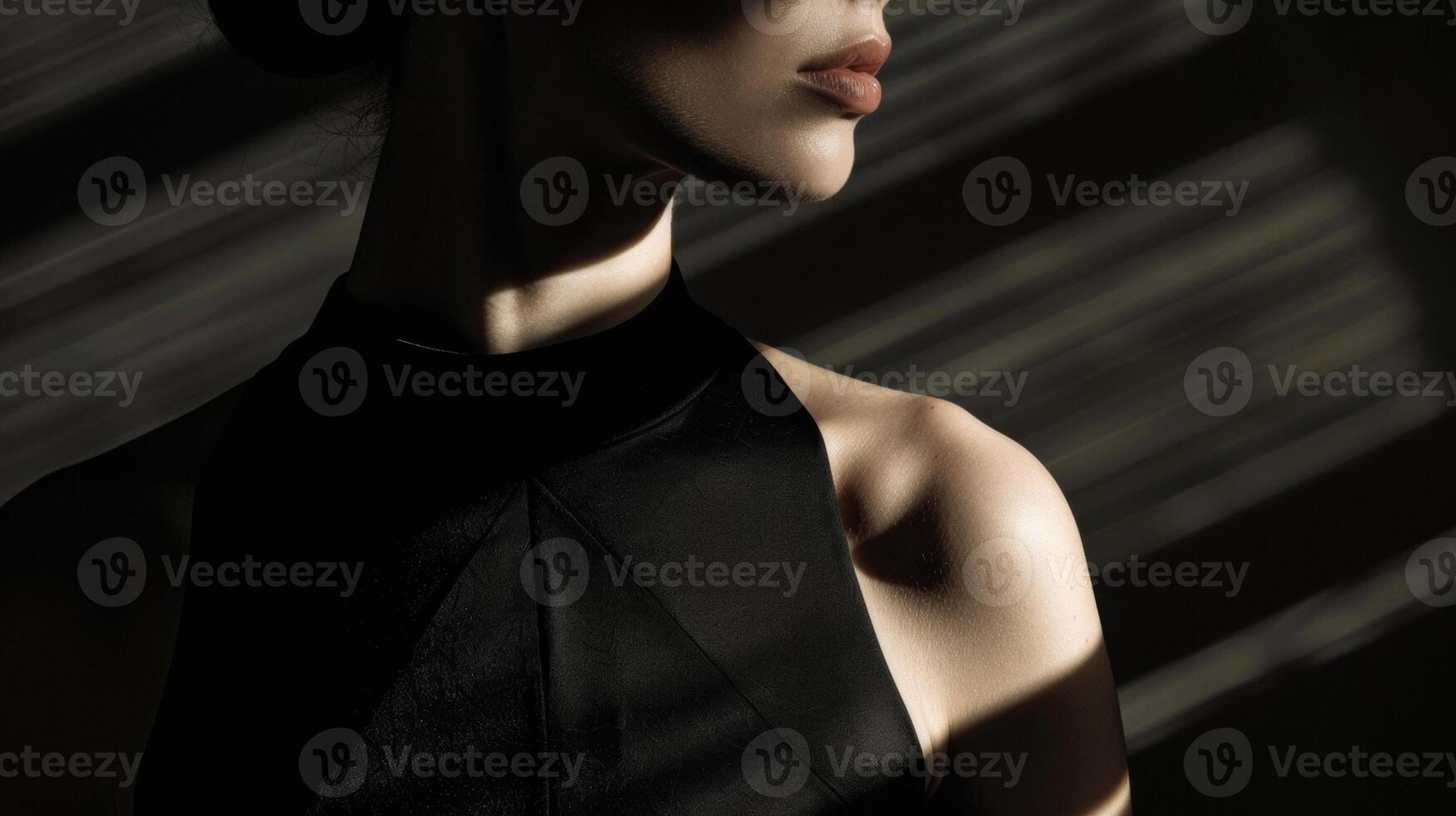Against a backdrop of deep shadows a womans silhouette is highlighted in sharp relief the sleek lines of her structured black dress creating a striking silhouette that speaks of photo