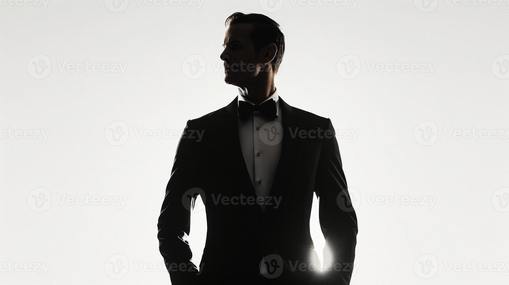 A man in a fitted black tuxedo stands proudly against a stark white background the crisp edges of his silhouette mirroring the precise tailoring of his outfit. The dramatic contrast photo
