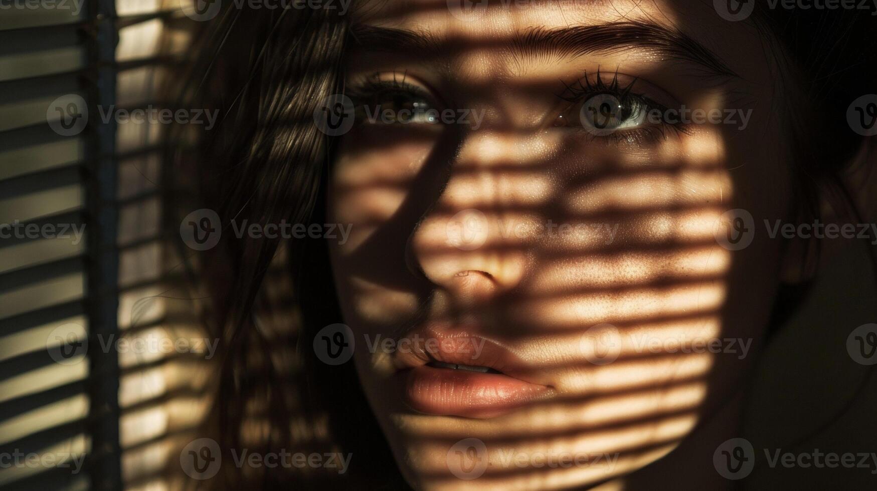 The sunlight filters in through the slatted blinds of a dimly lit room casting shadows across the face of a woman with strikingly bold features. Her expression is one of quiet photo