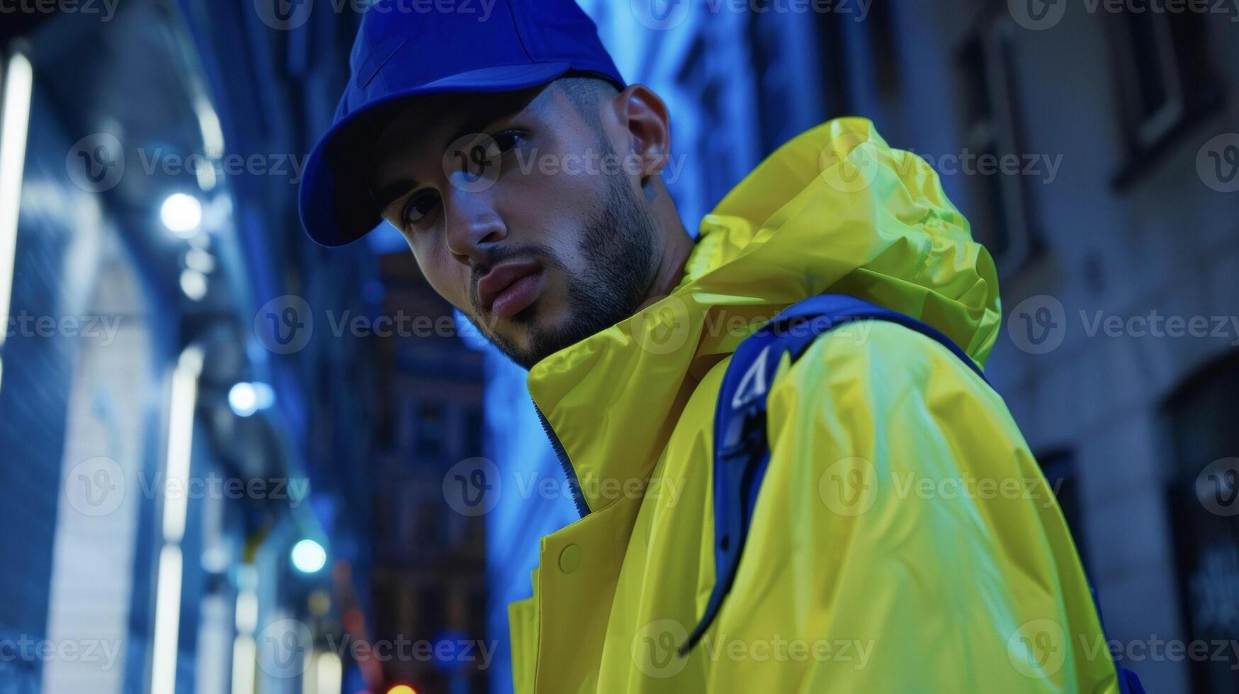 A cool and confident man poses in front of a gritty concrete wall his neon yellow windbreaker and electric blue snapback creating a striking contrast against the dimly lit cityscape photo