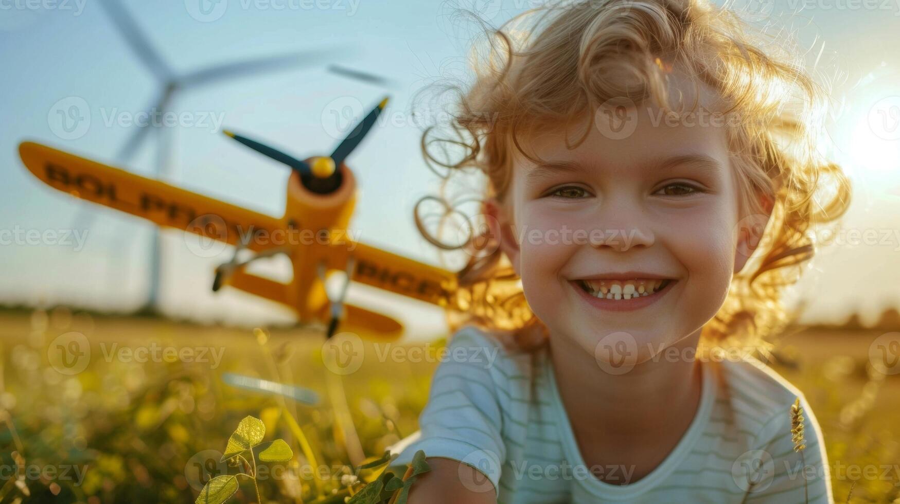 A closeup shot of a smiling child playing outside with a toy airplane that has a label reading Biofuel Propelled. In the background a wind farm can be seen highlighting the potential photo