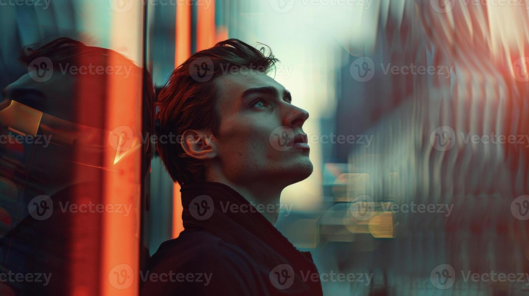 A man with a sharp jawline and chiseled features gazes into the distance the contours of his face mirroring the angular design of the buildings that surround him. As if harnessed by photo
