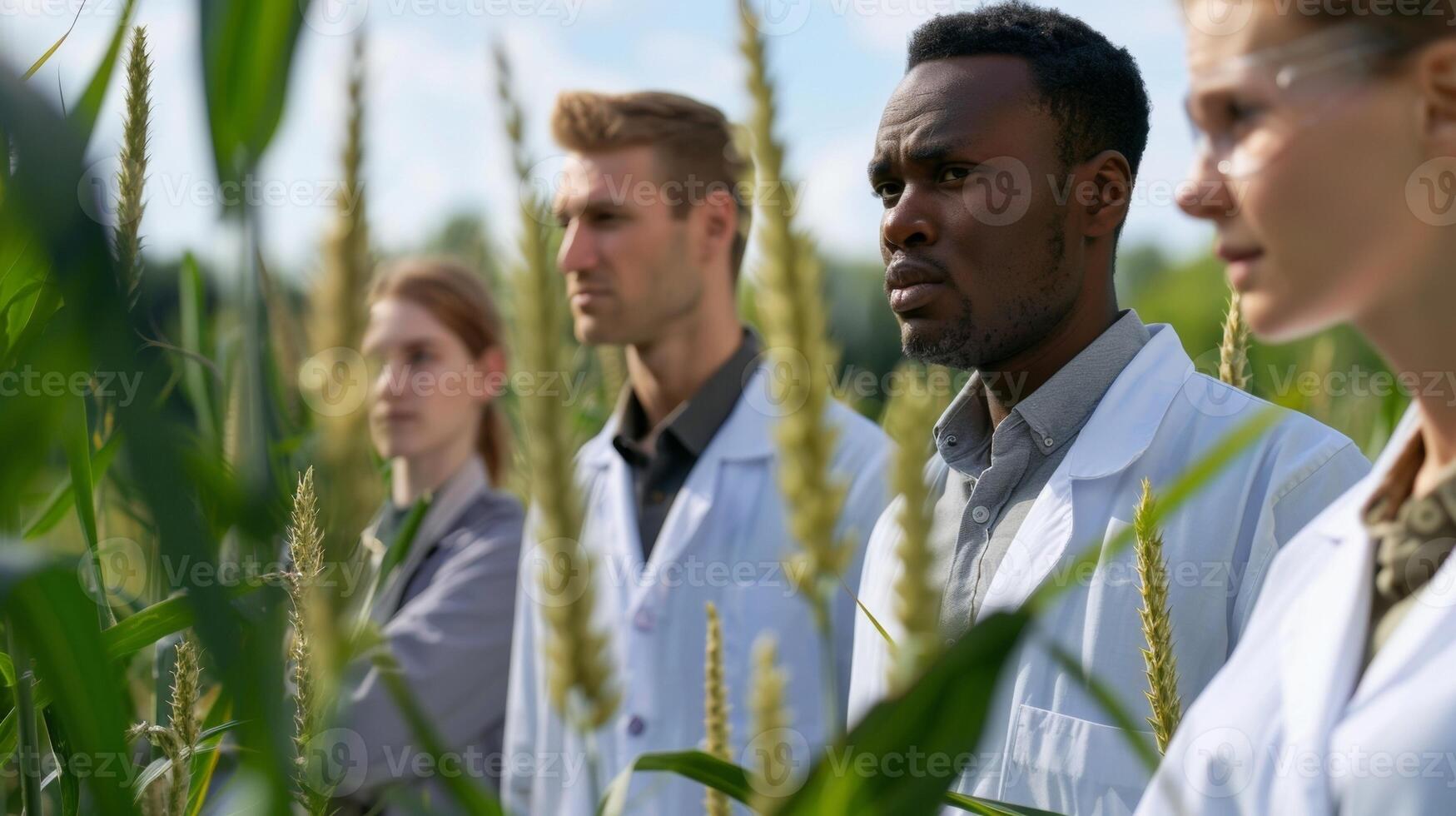 A group of scientists in lab coats stand in front of a graph pointing to the sharp decline in soil health and biodiversity in areas where biofuel production has intensified. The graph photo