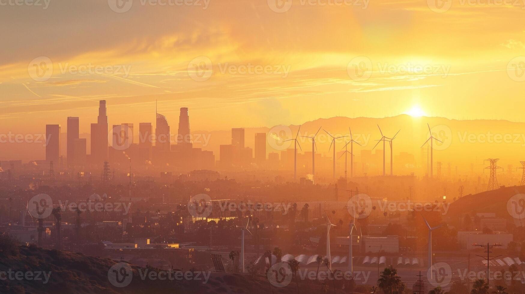 A city skyline at sunset with wind turbines and solar panels visible in the foreground. A caption below reads Harnessing carbon capture for greener biofuel has transformed our citys photo