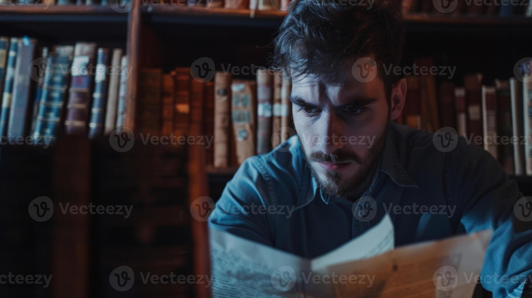 With a furrowed brow a man sits in front of an old computer scrolling through digital archives of historical documents. His eyes light up as he discovers a new piece of information photo