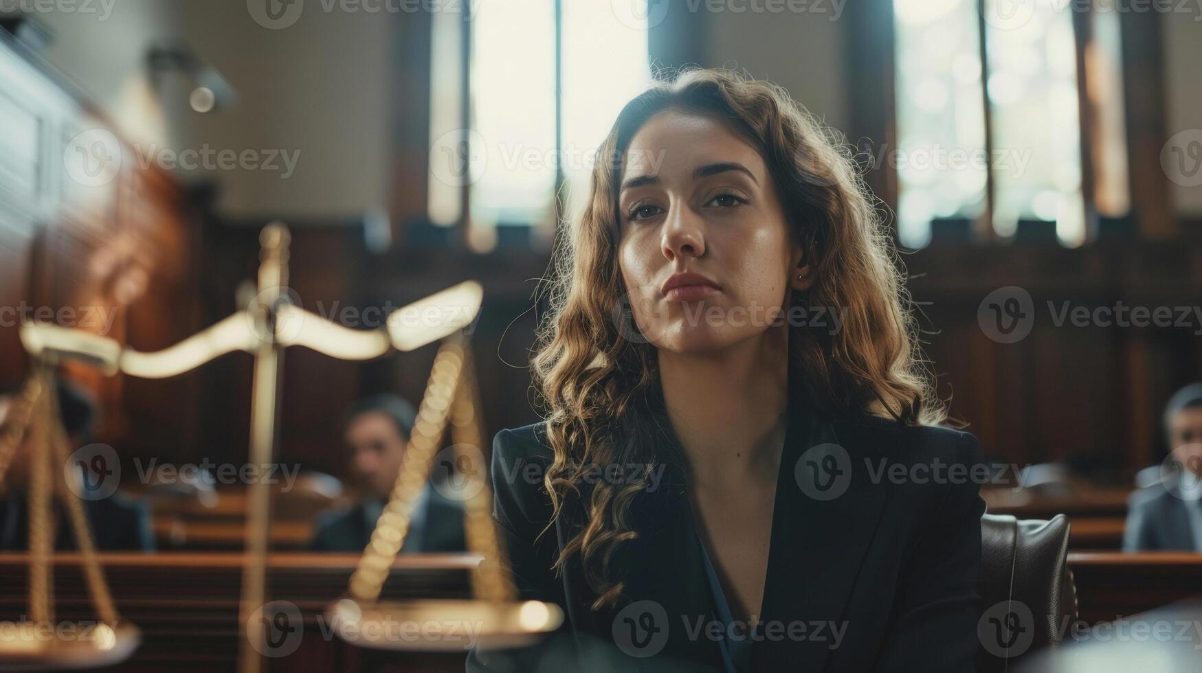 A solemn courtroom scene with a judge presiding over a trial her hand resting on a large set of scales as she listens to arguments from both sides. photo