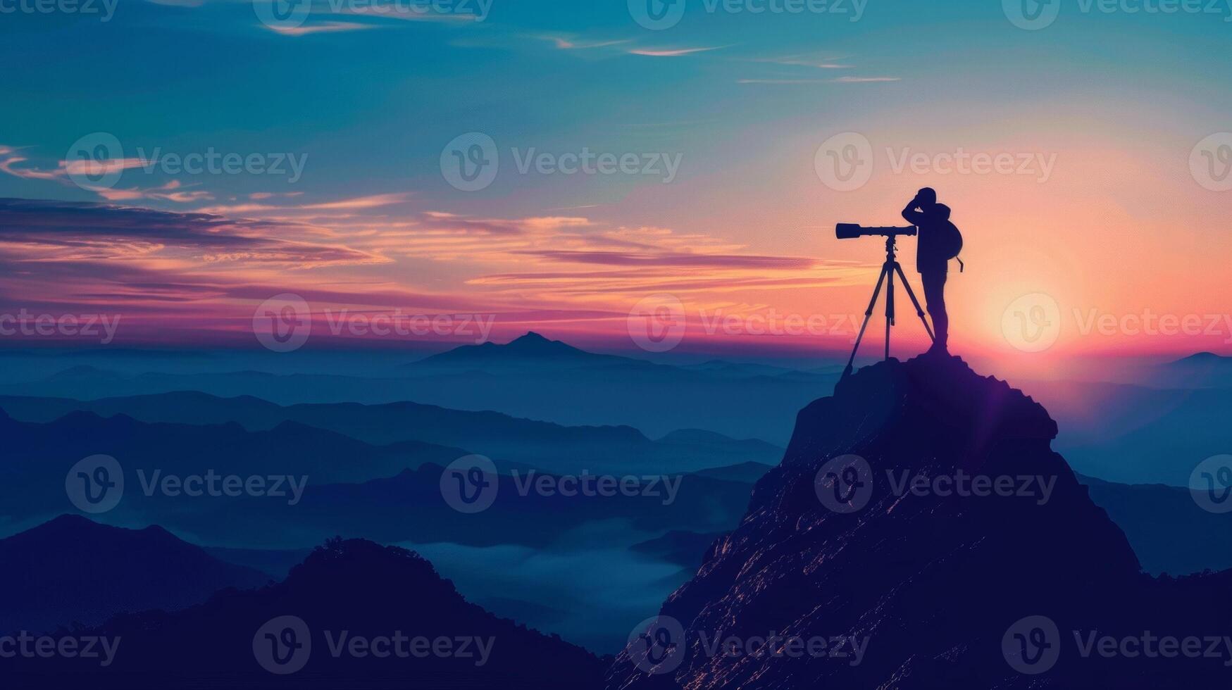 A silhouette of a person standing on top of a mountain looking out into the distance with a telescope in hand. The vast open landscape represents the endless pursuit of truth and the photo