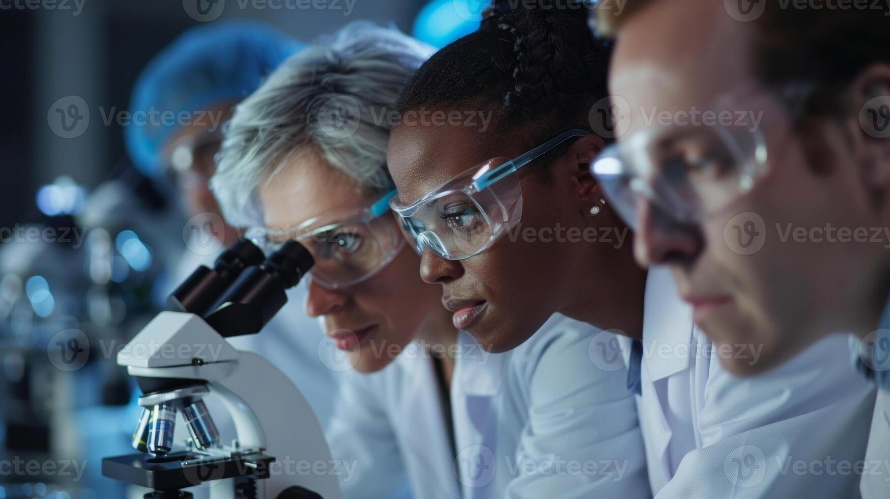 A group of scientists huddled together in a laboratory their eyes focused on a microscope as they yze and discuss the results of their research their white coats and safety goggles photo