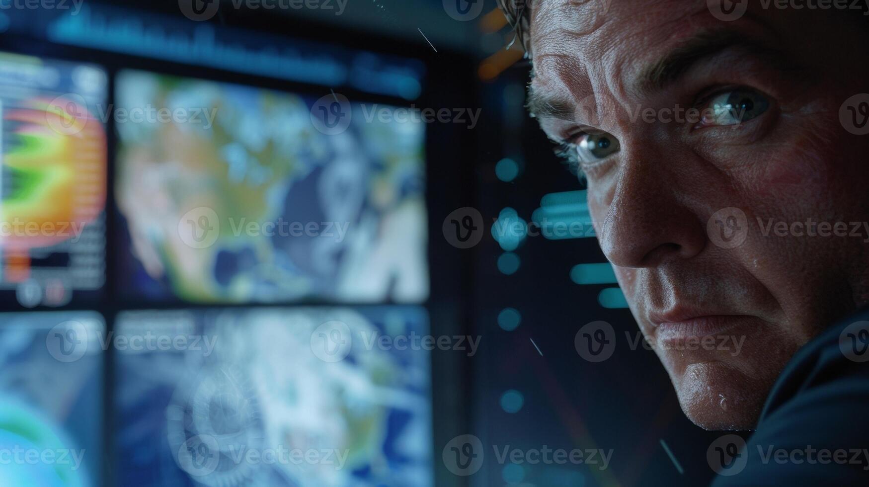 A closeup of a meteorologists face as they squint at a computer screen yzing data and graphs with furrowed brows while severe weather rages on through the window behind them. photo
