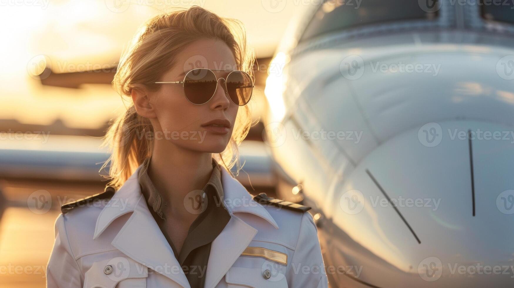 Clad in a crisp white uniform and reflective aviator sunglasses a female pilot walks towards her plane with a determined and focused expression ready to take on the next flight. photo