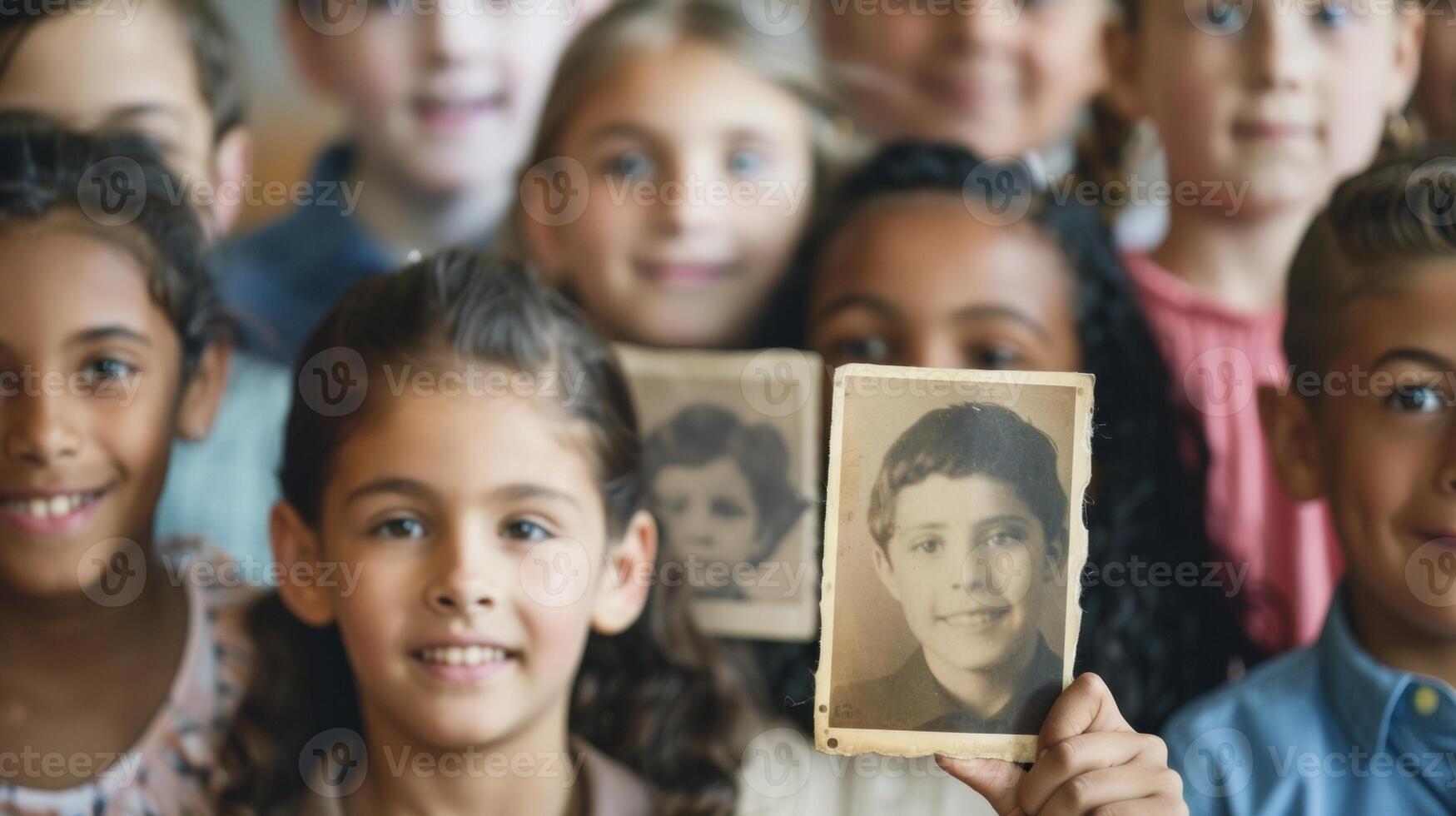 A group of students eagerly gather around their teacher who is holding up two class photos side by side one from their early teaching years and the other a more recent one. The students