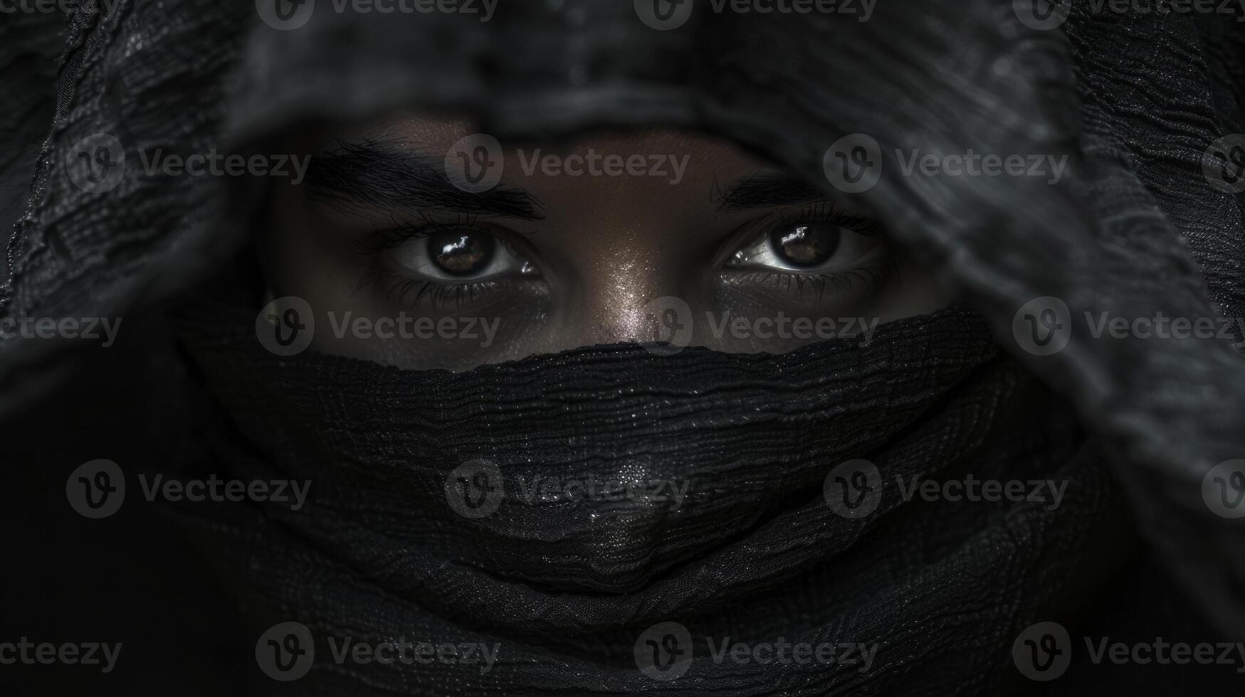 A face is partially hidden behind a veil of darkness allowing only glimpses of its features to be seen evoking a sense of mystery and allure. photo