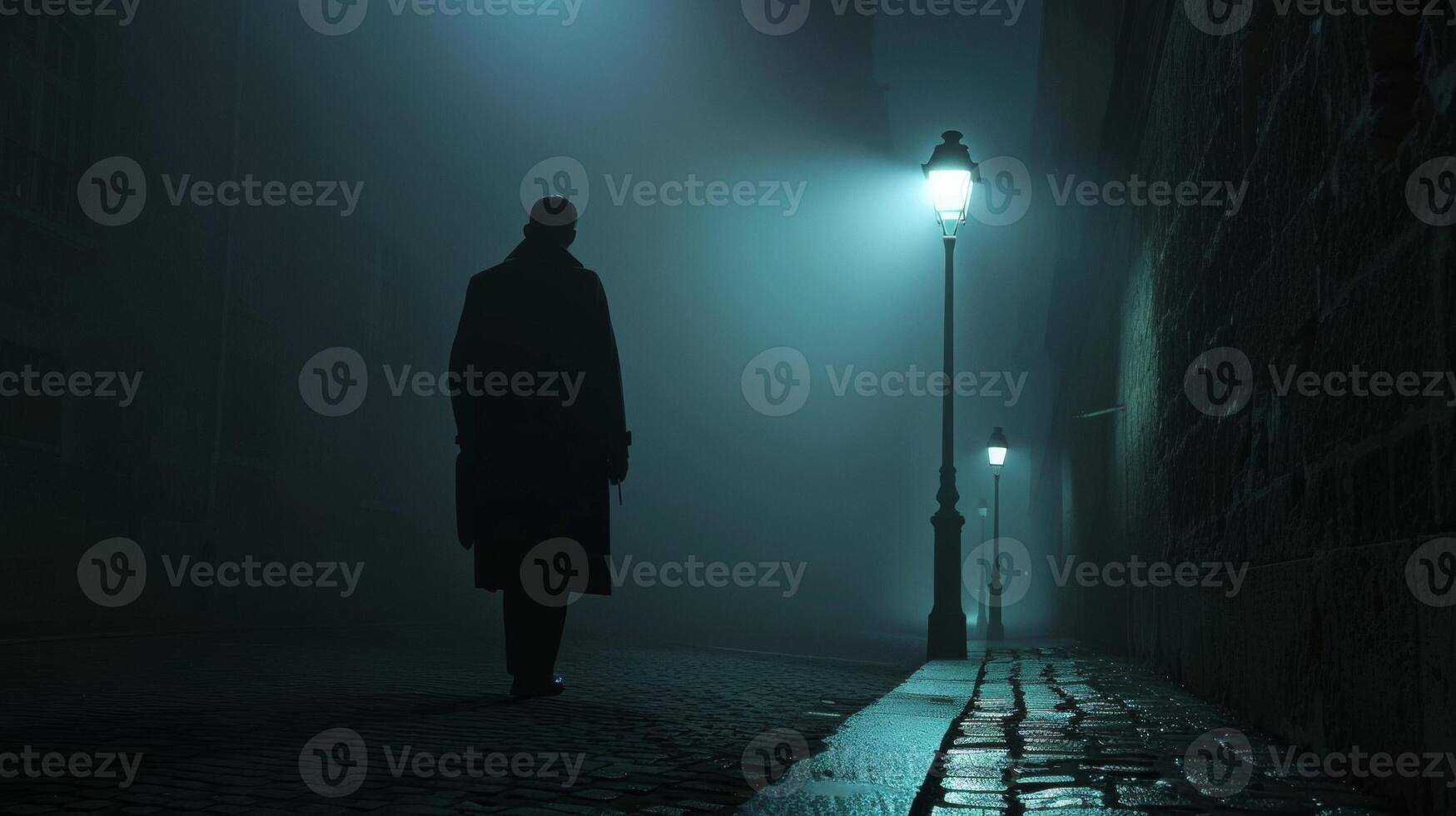 A streetlamp shines down onto a solitary figure in a trench coat their face shrouded in shadows as they walk along a deserted street searching for any clues or leads. photo