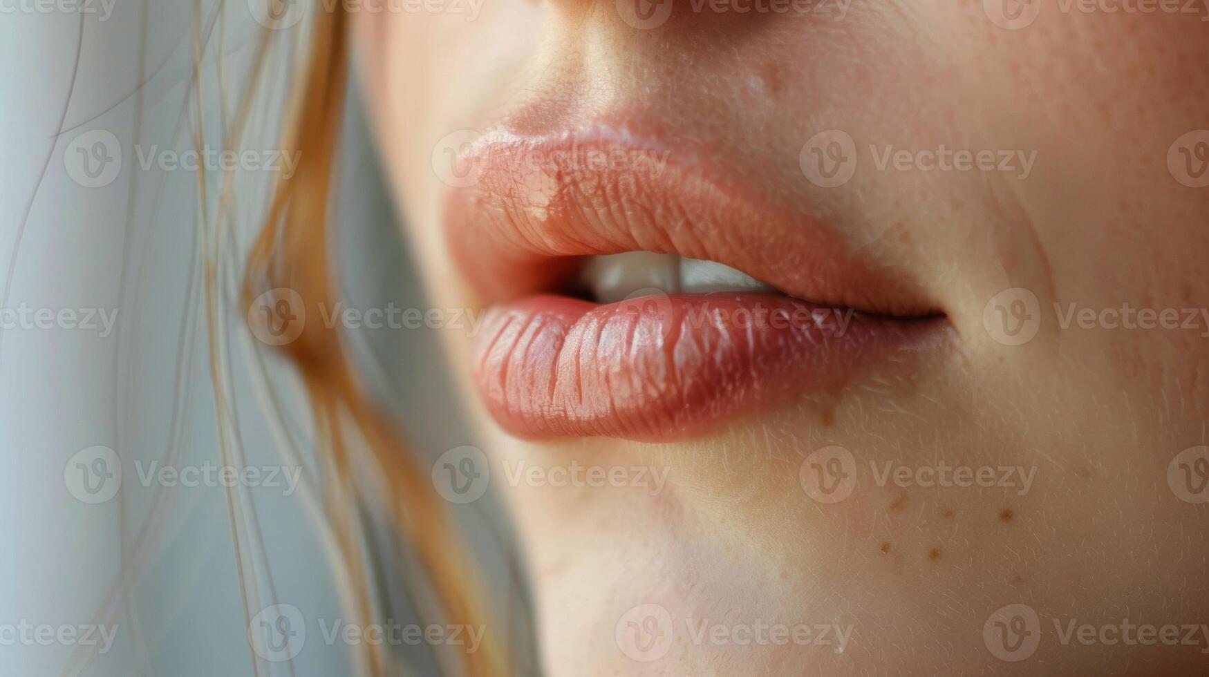 The natural color contrast between the thin upper lip and the fuller lower lip of a womans mouth. photo