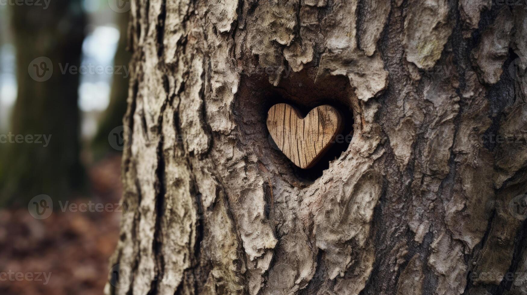 A shot of two small, intertwined hearts carved into the trunk of a tree, symbolizing the secret whispers of love shared between two lovers in a hidden, secluded spot. photo