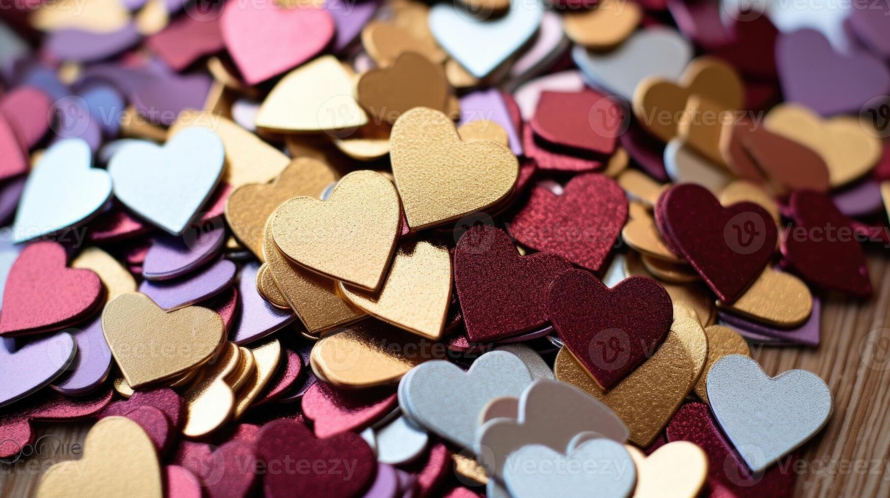 A pile of confetti hearts in various sizes, showcasing a mix of metallic, matte, and glitter finishes. photo