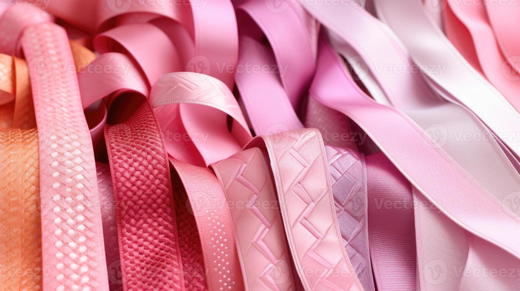 A bundle of ribbons in various shades of pink, each one with its own unique pattern, from delicate stripes to bold geometric designs. photo