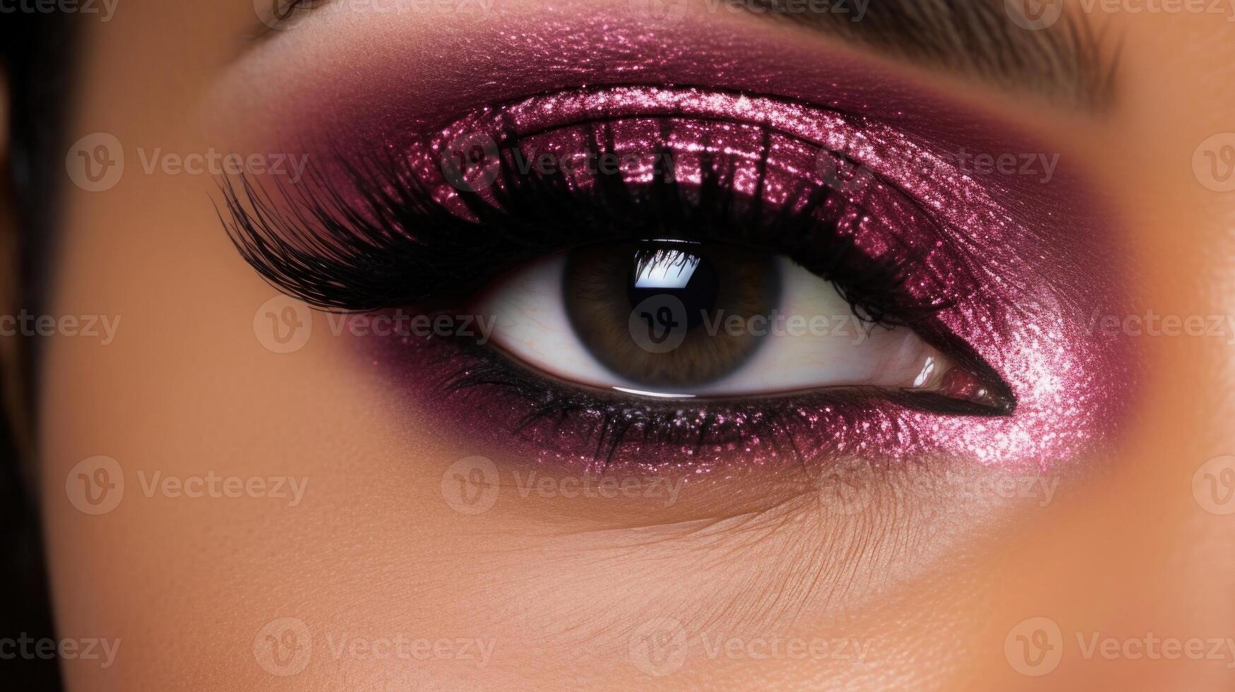 Eyecatching metallic copper eyeshadow, blended seamlessly into a rich magenta hue on the outer corners, topped off with a heartshaped rhinestone in the middle of the lid. photo