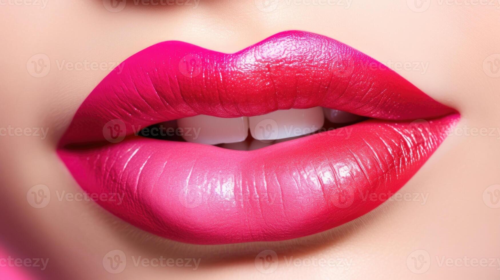 Bold and striking ombre lips in shades of vibrant pink and red, complete with a gradient heart design in the center for a romantic twist. photo