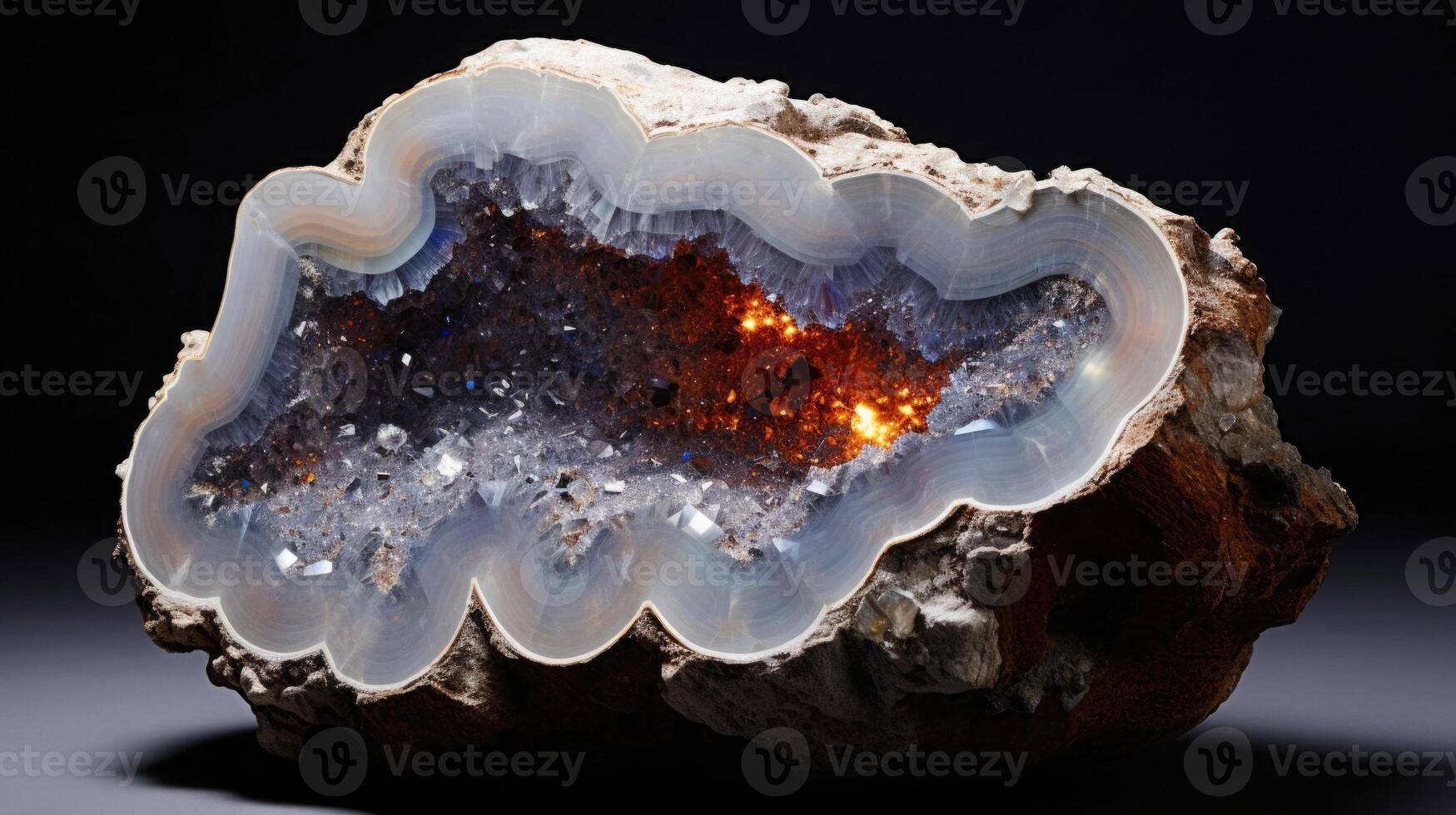 A plain, grey rock, gradually transforming into a sparkling geode filled with vibrant, shimmering crystals, symbolizing how love can bring out the hidden beauty within us. photo
