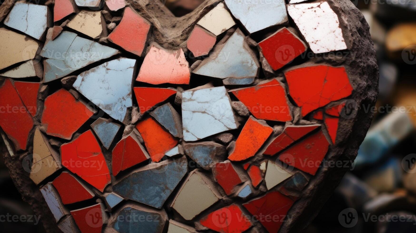 A closeup of a heartshaped sculpture, made up of fragmented pieces of different materials, showcasing the resilience and strength that comes with a mended heart. photo