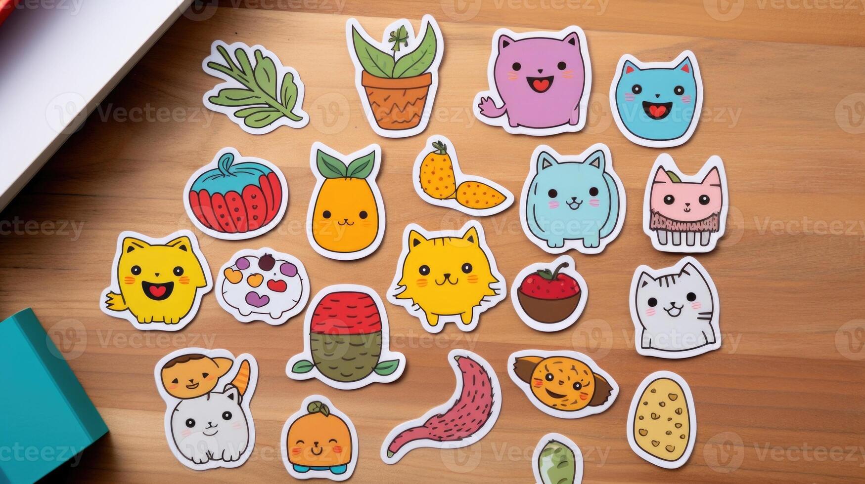 A selection of handdrawn stickers featuring endearing characters and bold, bright colors, perfect for decorating notebooks and sbooks with a joyful and naive touch. photo