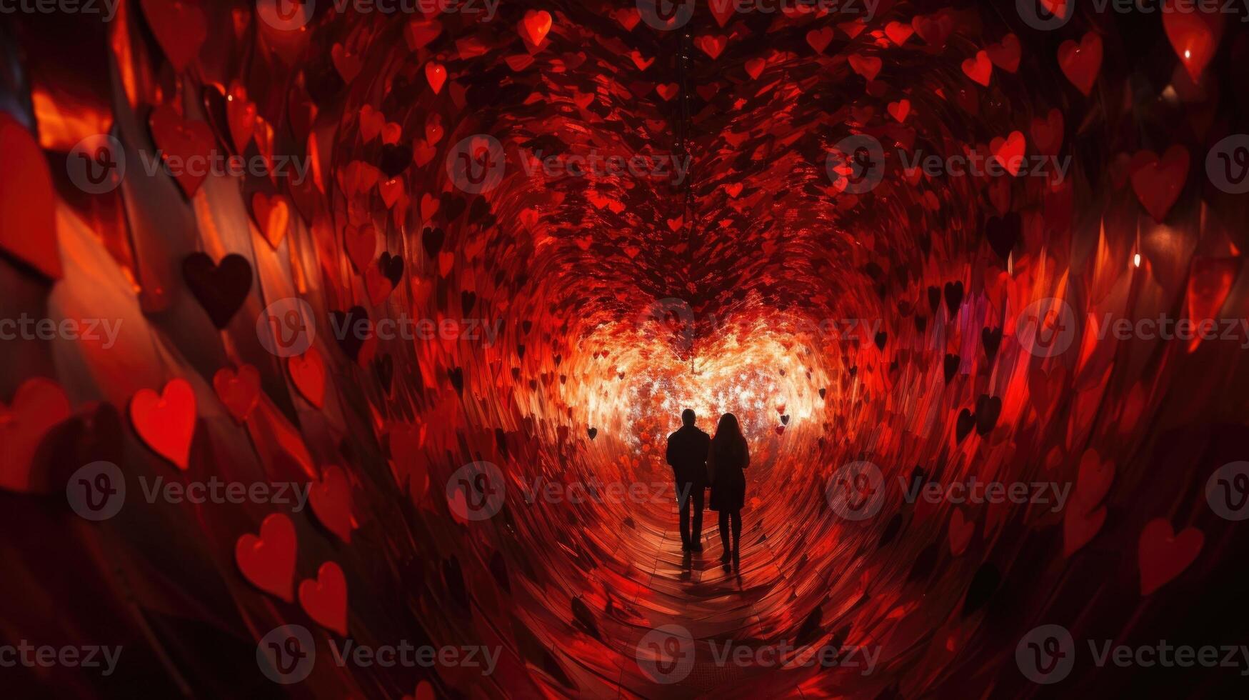 Riders are taken on a thrilling ride through a tunnel of vibrant red hearts, representing the intensity of love. photo