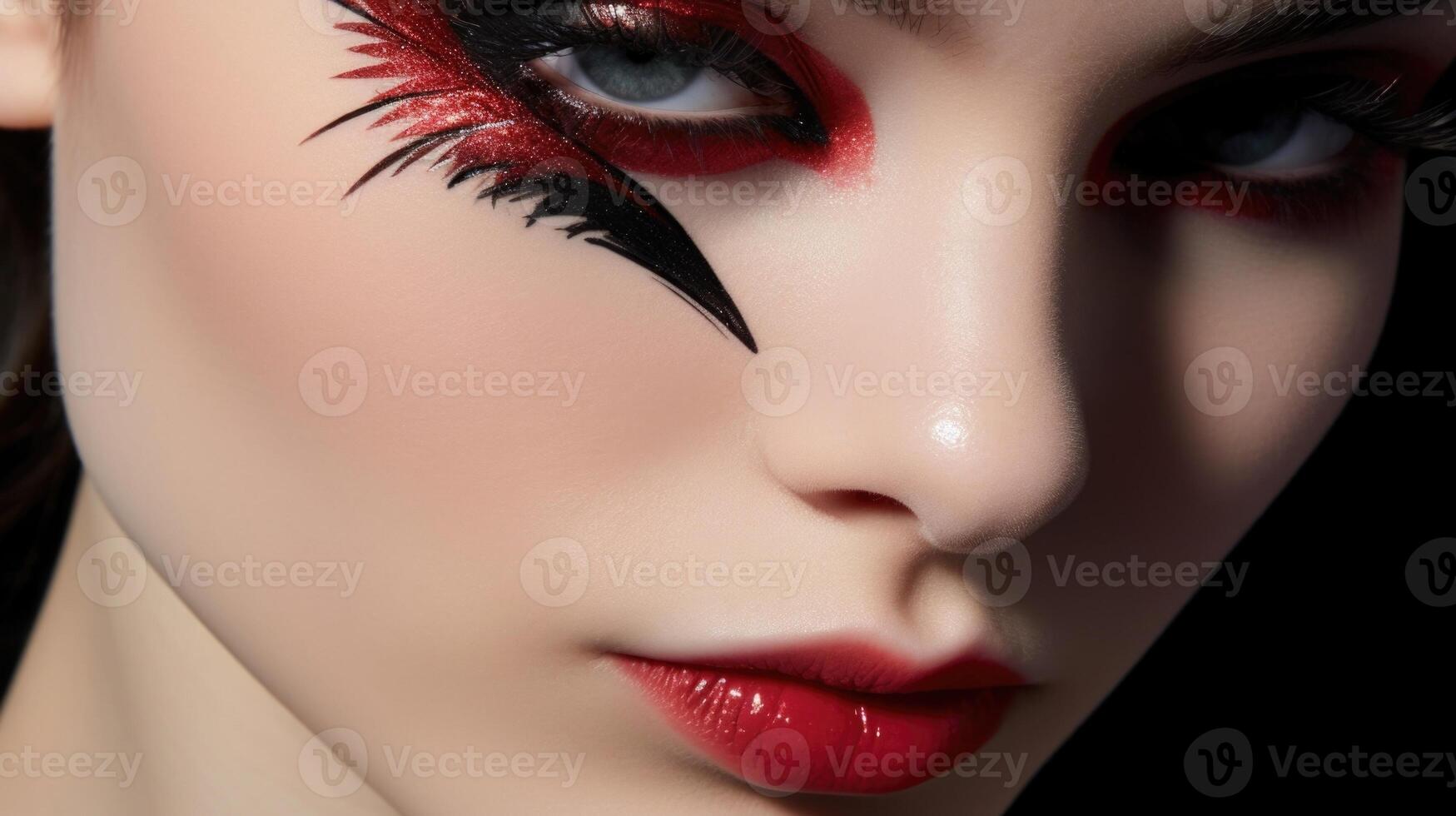 Bold and daring winged eyeliner in a rich red shade, with a tiny metallic heart accent p at the end of the wing for a subtle yet romantic touch. photo