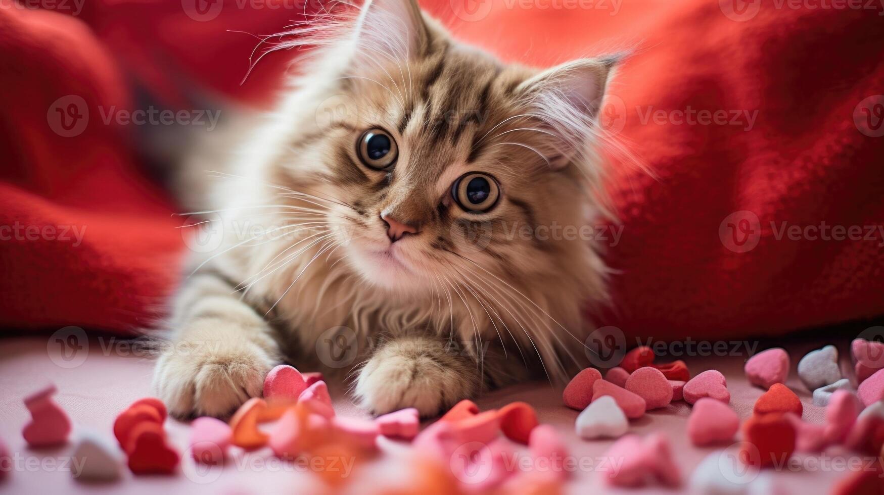 A cat paw delicately batting at a heartshaped pi ata, filled with catnip and treats for a felinefriendly Valentines Day pawty. photo