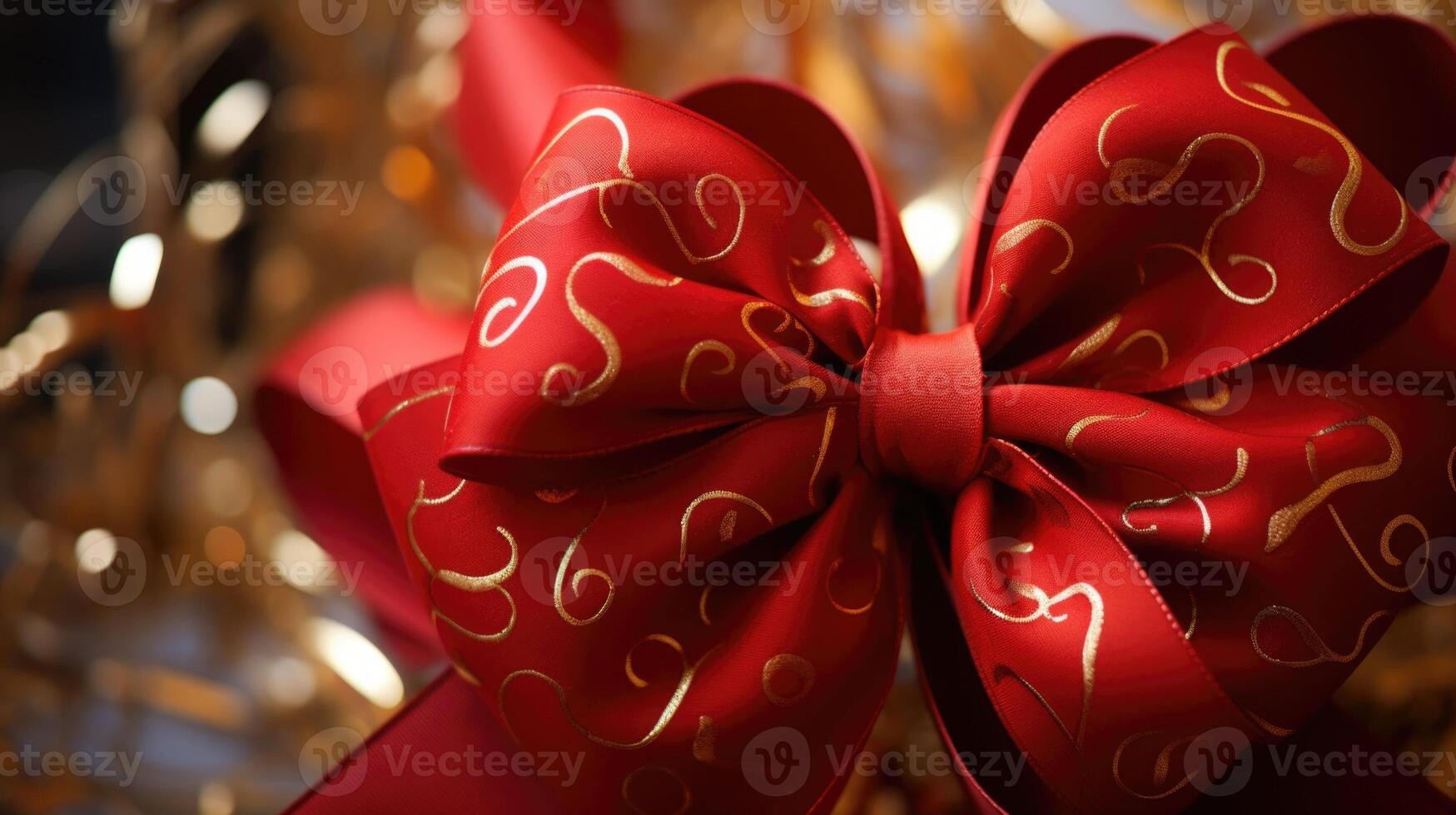 A vibrant red heartshaped bow lined with whimsical swirls and decorated with tiny golden arrows. photo