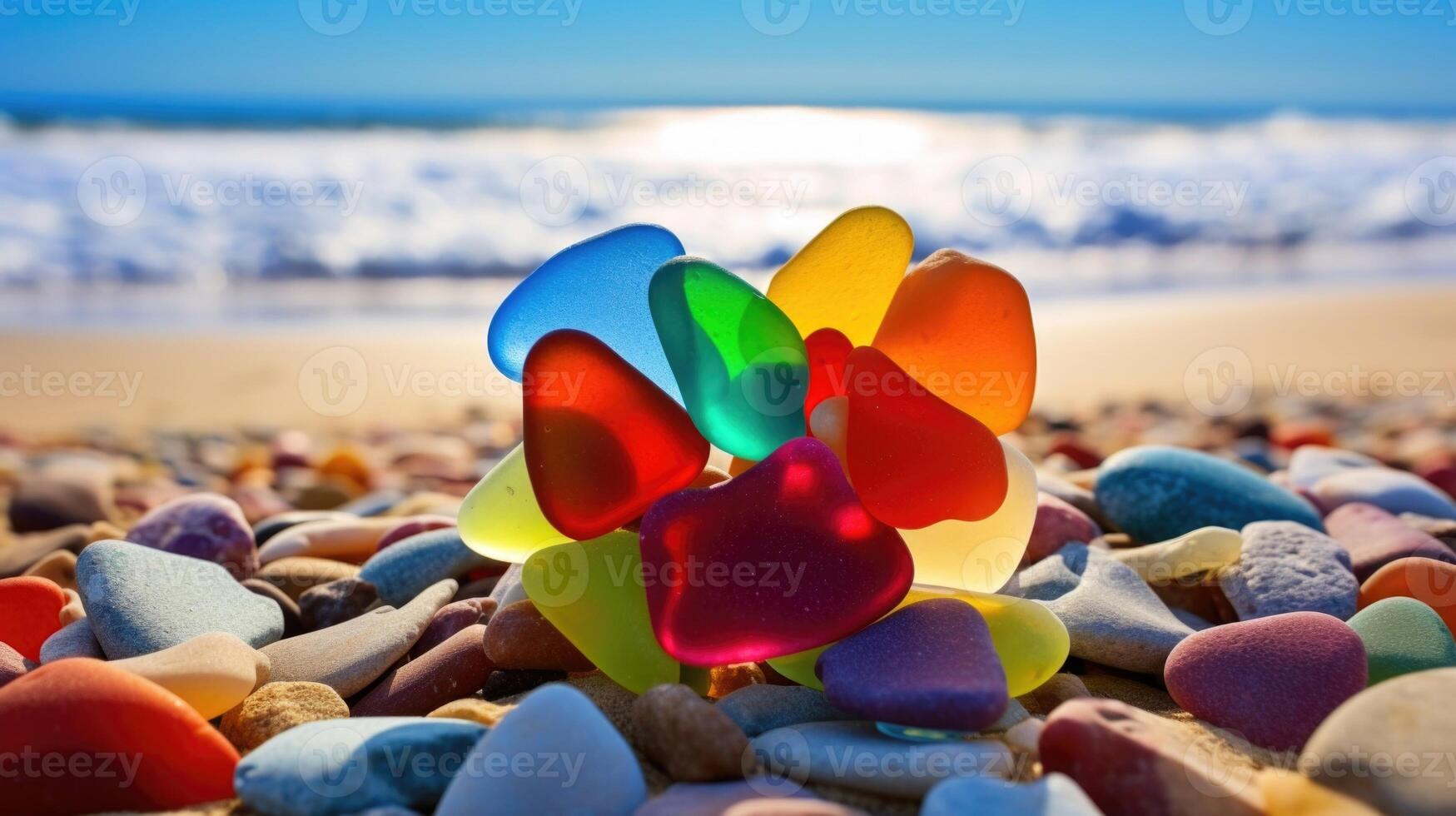 A vibrant heartshaped sea glass design, with each piece meticulously p and creating a rainbow of colors against the sandy beach. photo