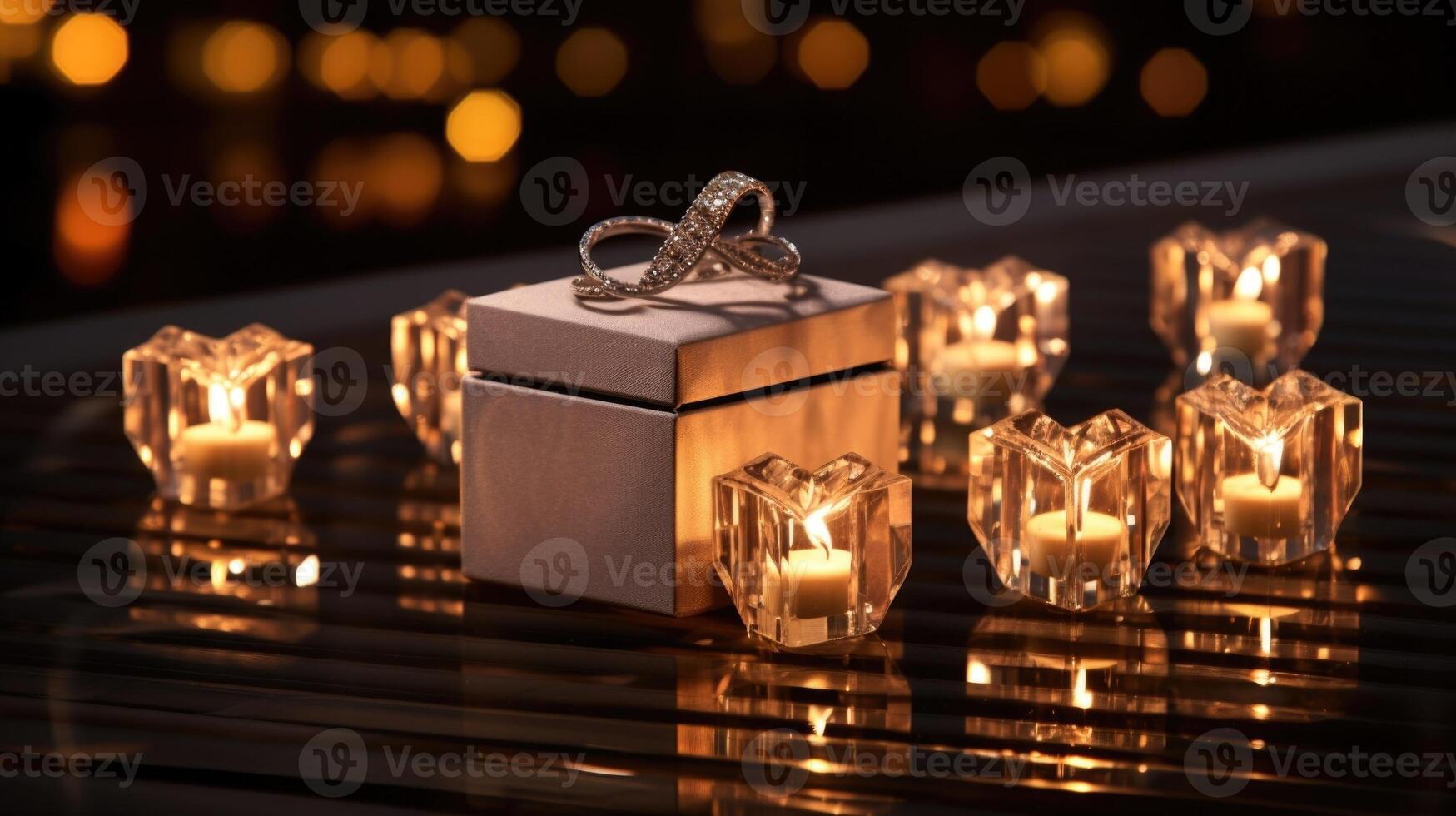 A row of flickering candles leads up to a perfectly p ring box, setting the stage for a heartfelt proposal in a candlelit setting. photo