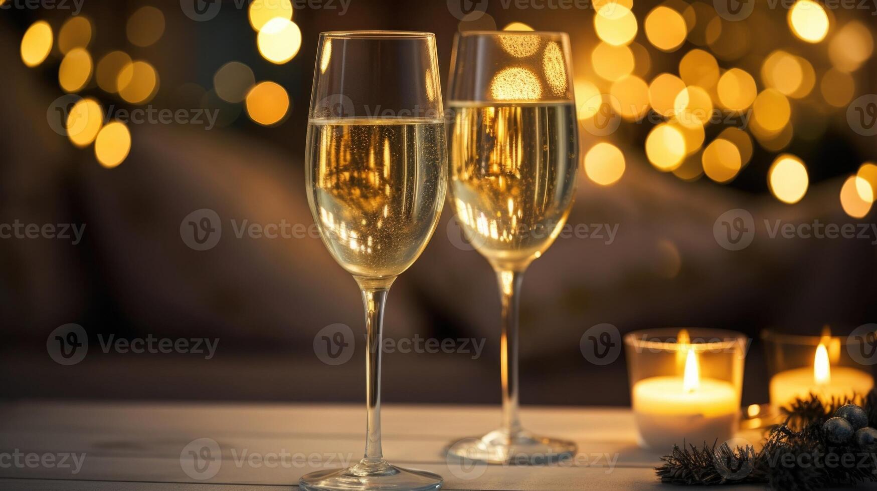 A pair of champagne glasses p beside a burning candle, creating a warm and intimate ambiance. photo