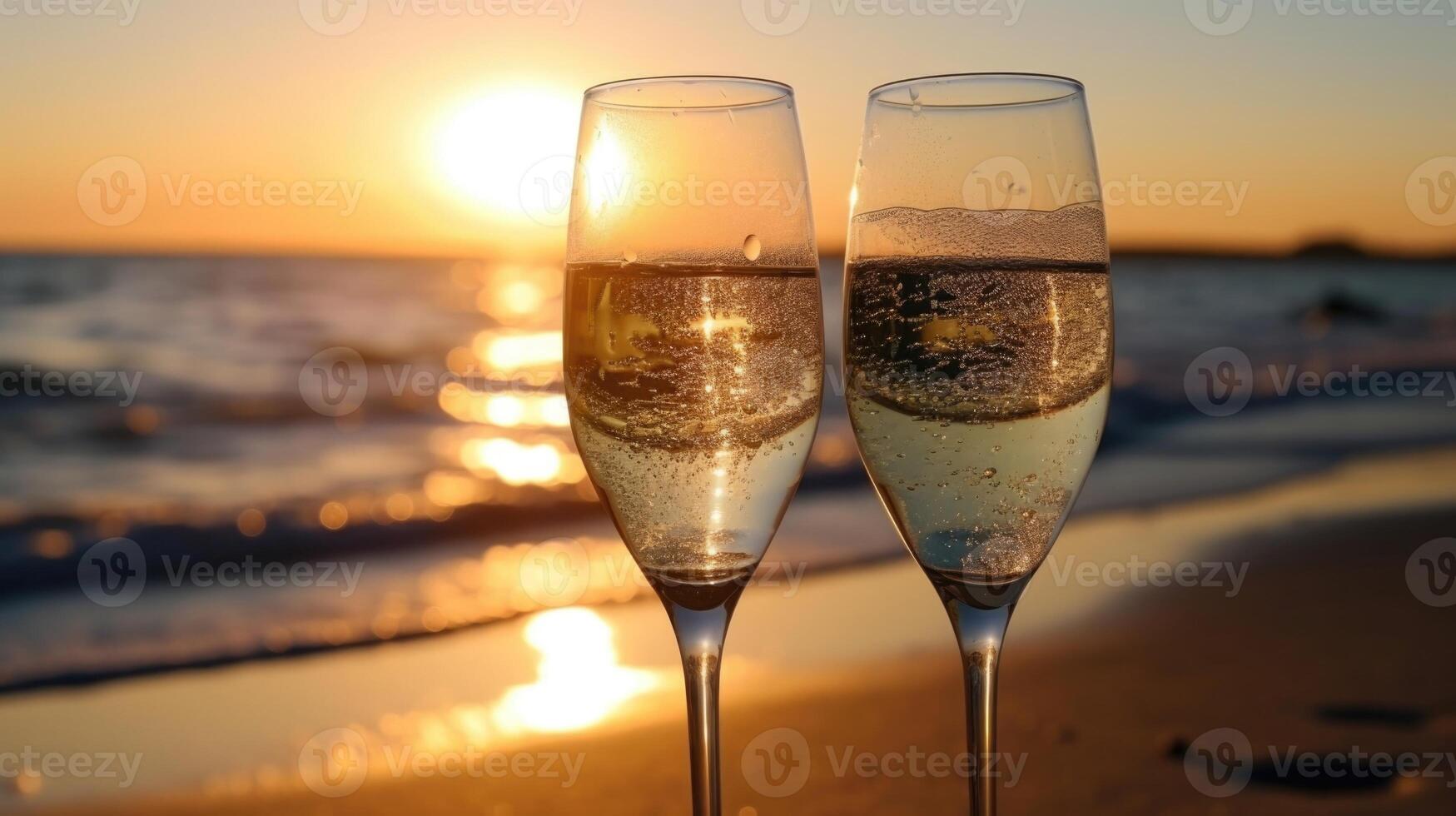 The light from the setting sun glistens on the crystal surface of two champagne glasses p lovingly on the beach. photo