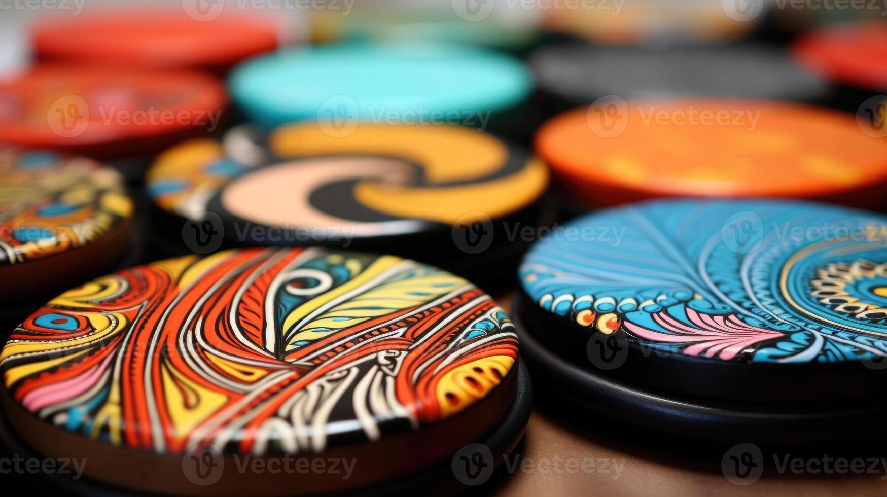 A set of handmade clay coasters, each one molded and painted by hand, giving them a oneofakind quality and highlighting the beauty of imperfections in handcrafted pieces. photo