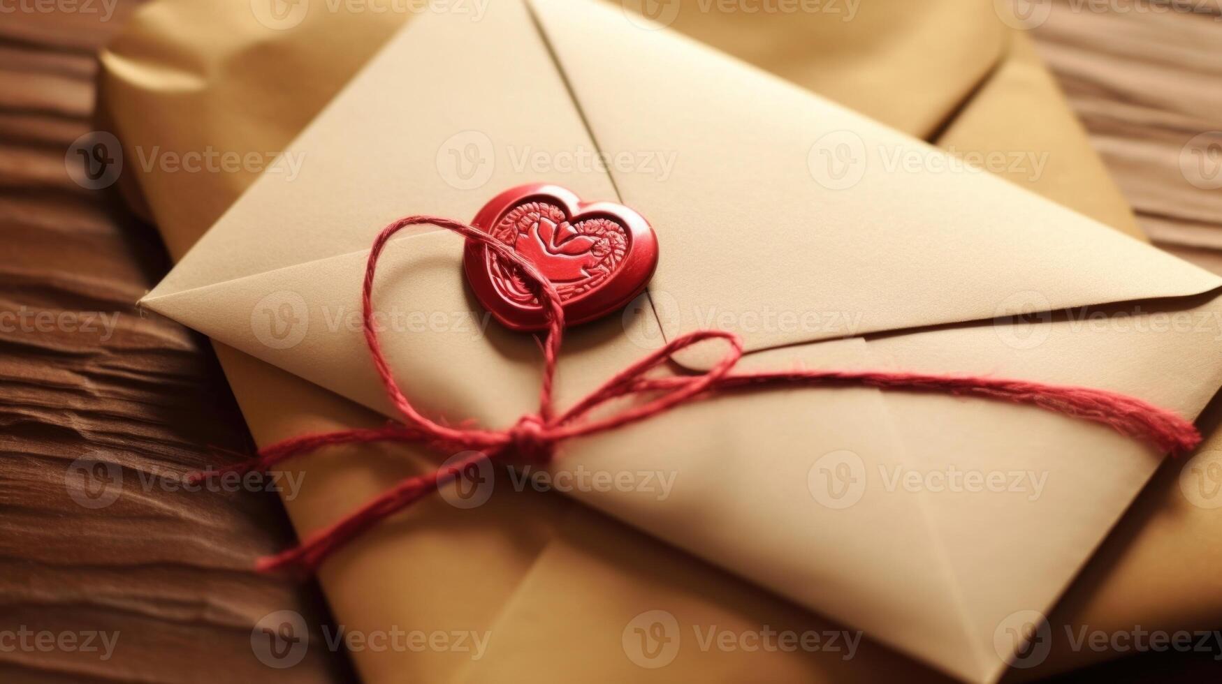 A closeup of a handwritten love letter, with a heartshaped wax seal, conveying the romantic and intimate act of whispering sweet nothings onto paper. photo