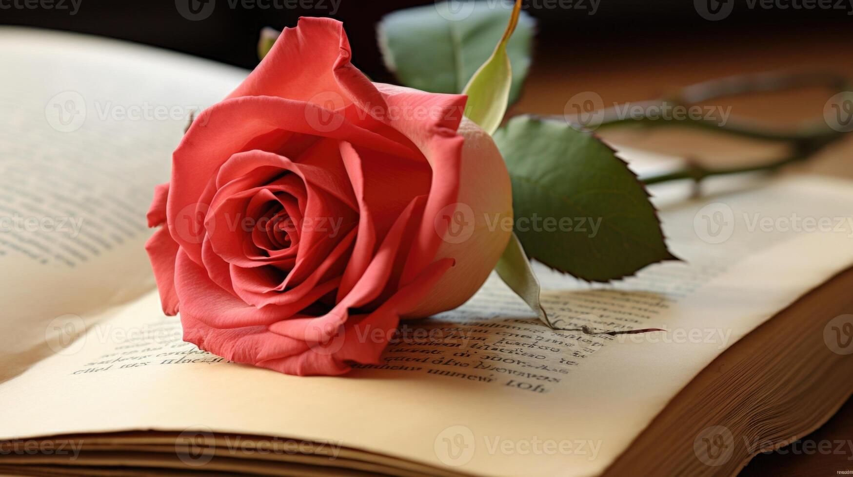 A single rose rests atop the pages, petals still fresh and fragrant, a symbol of the enduring love the letters represent. photo